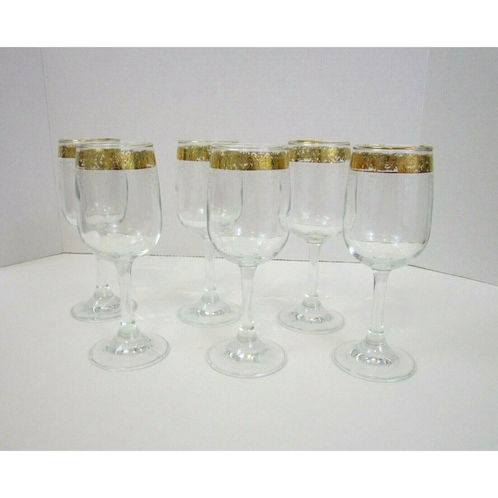 CELLINI Italy Hand Blown Crystal 24 KT Gold Etched 6.5" Wine Glasses Set of 6